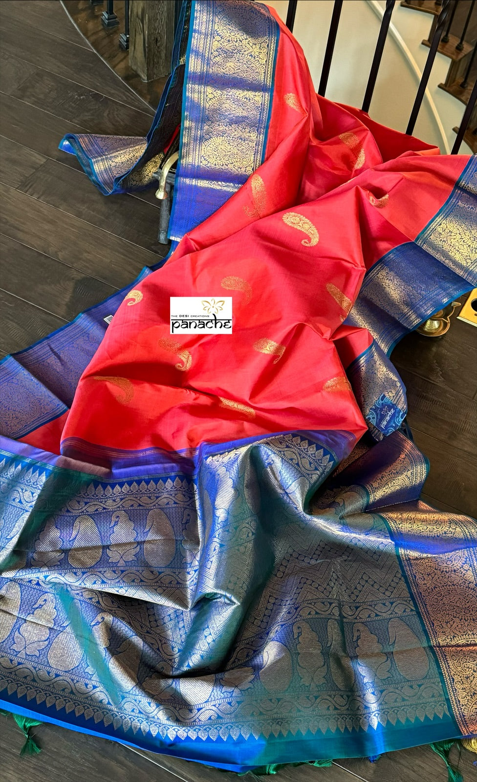 Pure Silk Kanjivaram - Raspberry Red Blue Dual Shaded