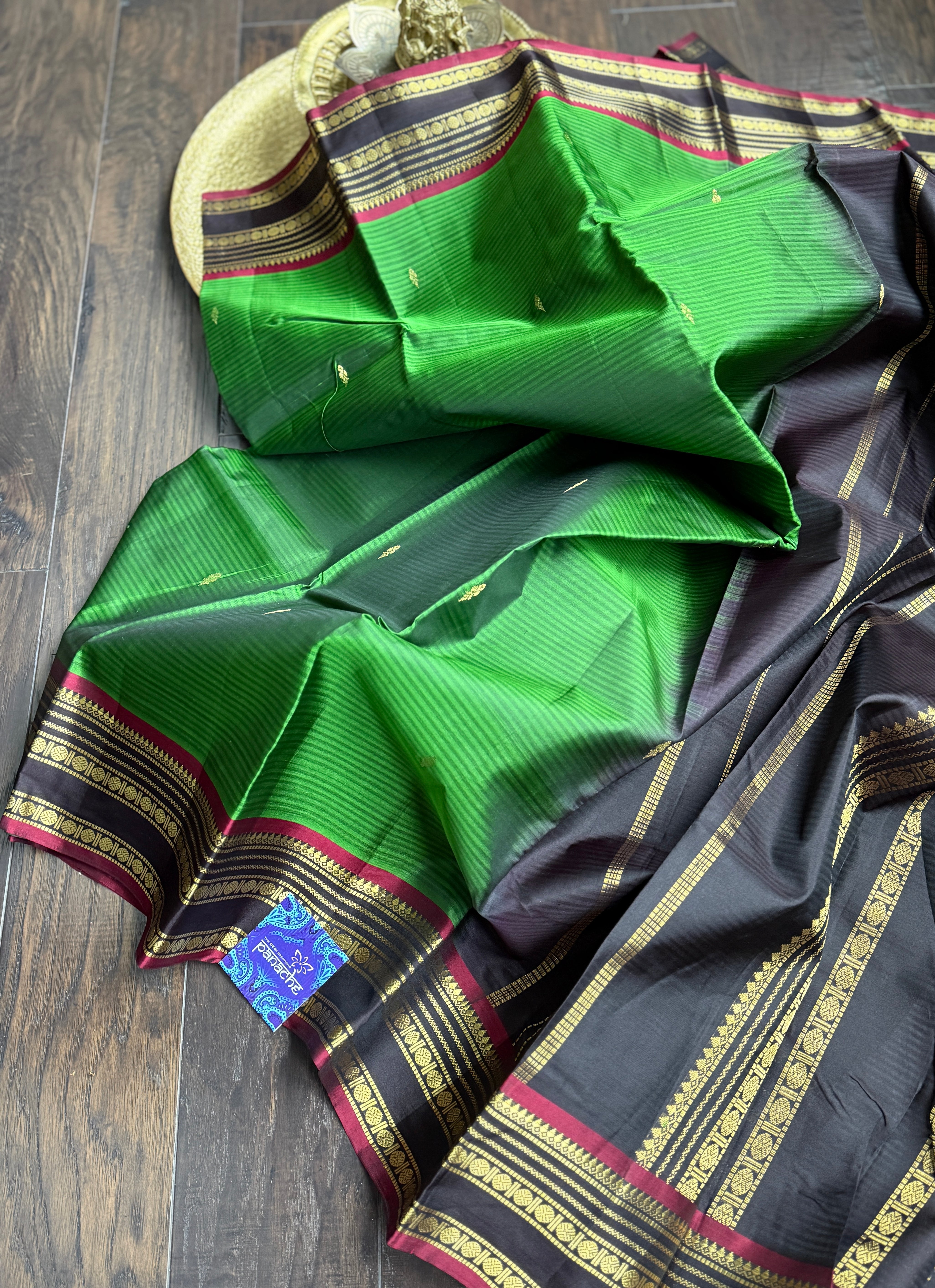 Pure Silk 1gm Zari Kanjivaram - Green Black self Stripe
