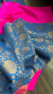 Raw Silk Banarasi - Blue Hot Pink Jaal Weave