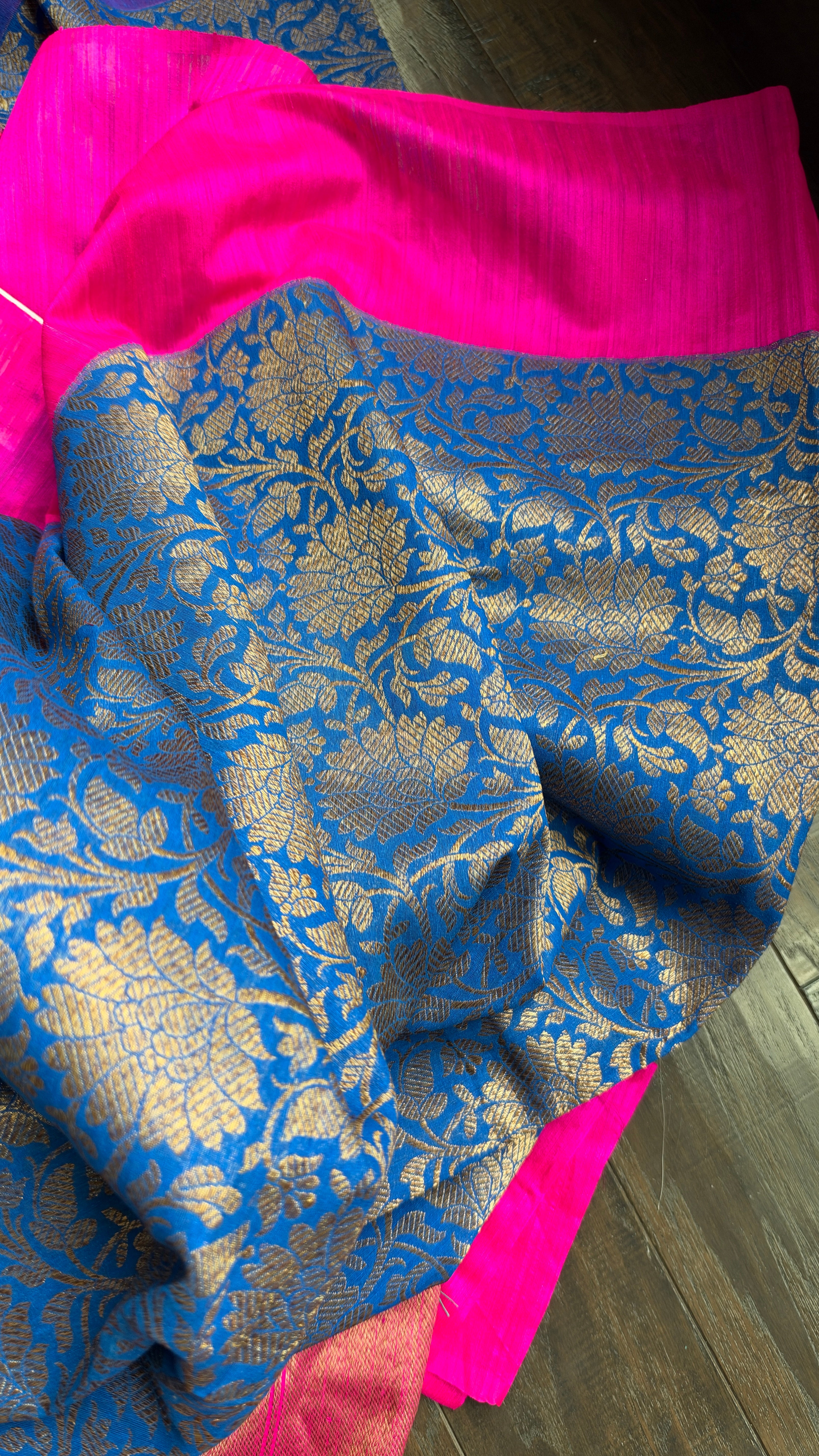 Raw Silk Banarasi - Blue Hot Pink Jaal Weave