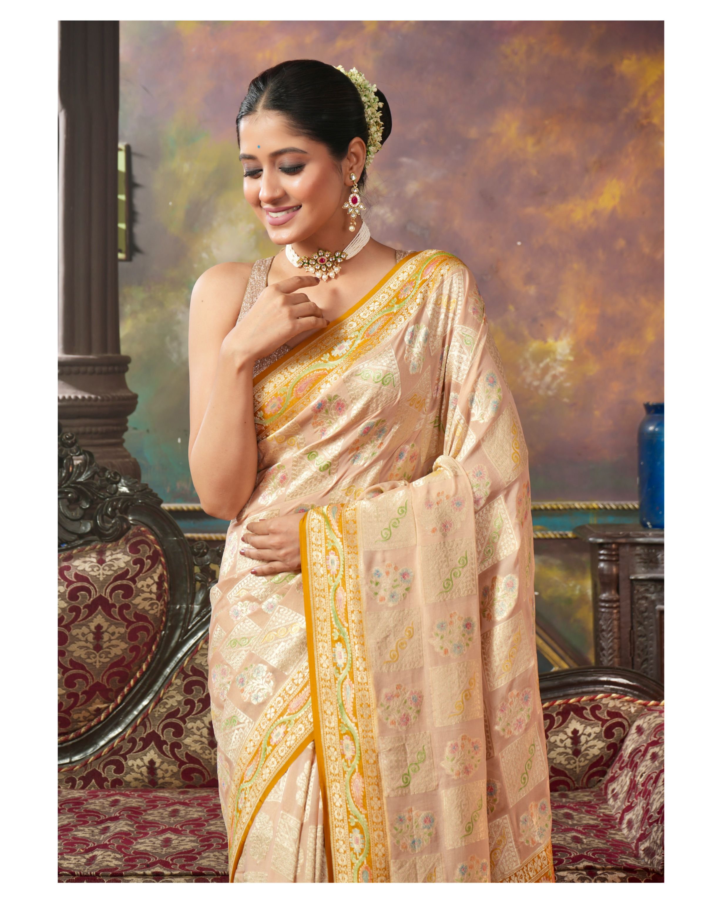 Khaddi Georgette Banarasi - Light Peach Cream Hand Brush Painted