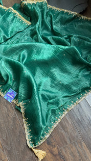 Designer Crushed Tissue Silk - Teal Gree Embroidered