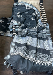 Linen Printed - Black White Silver Zari