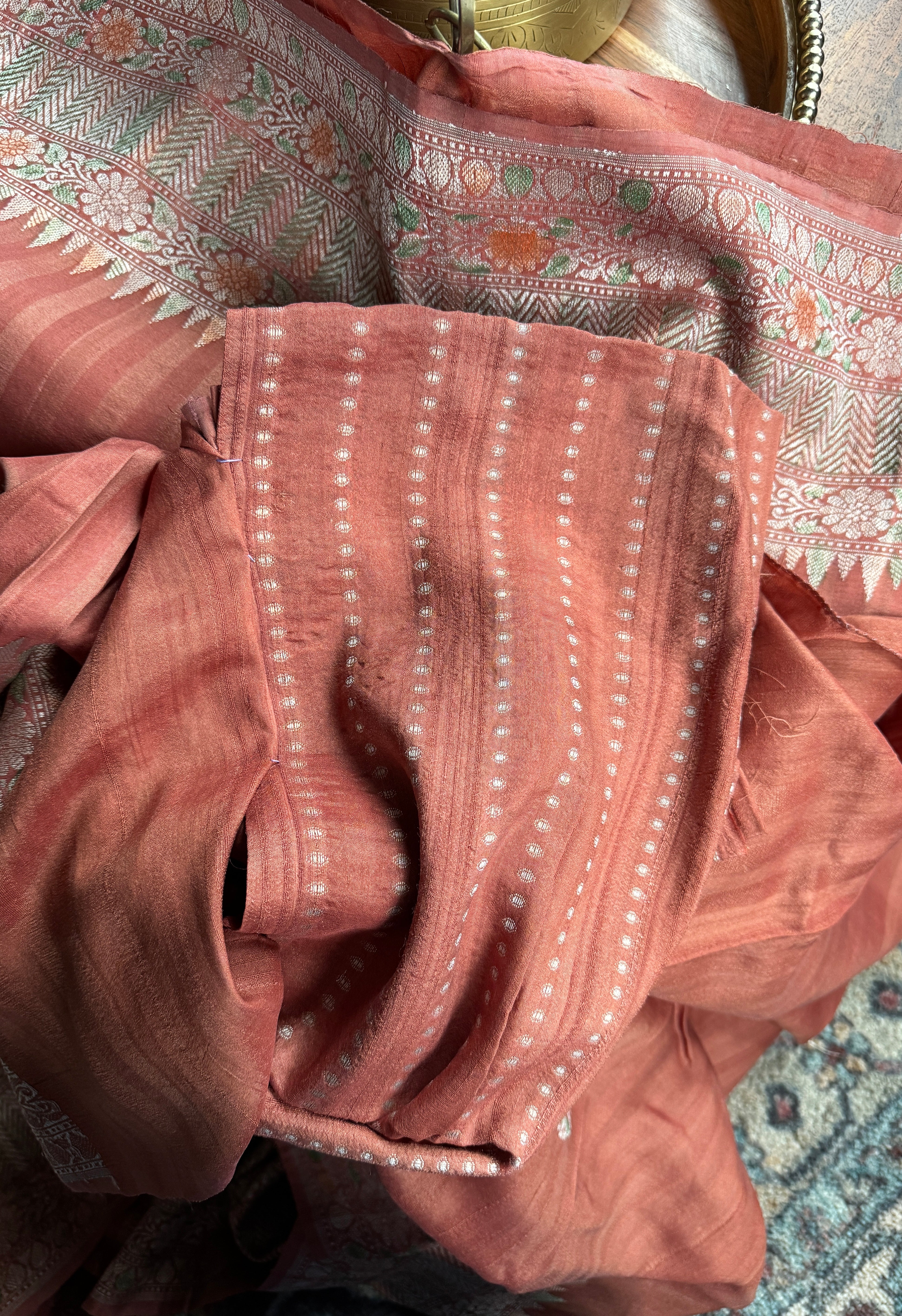 Tussar Silk Banarasi - Rust Orange Striped Antique Zari