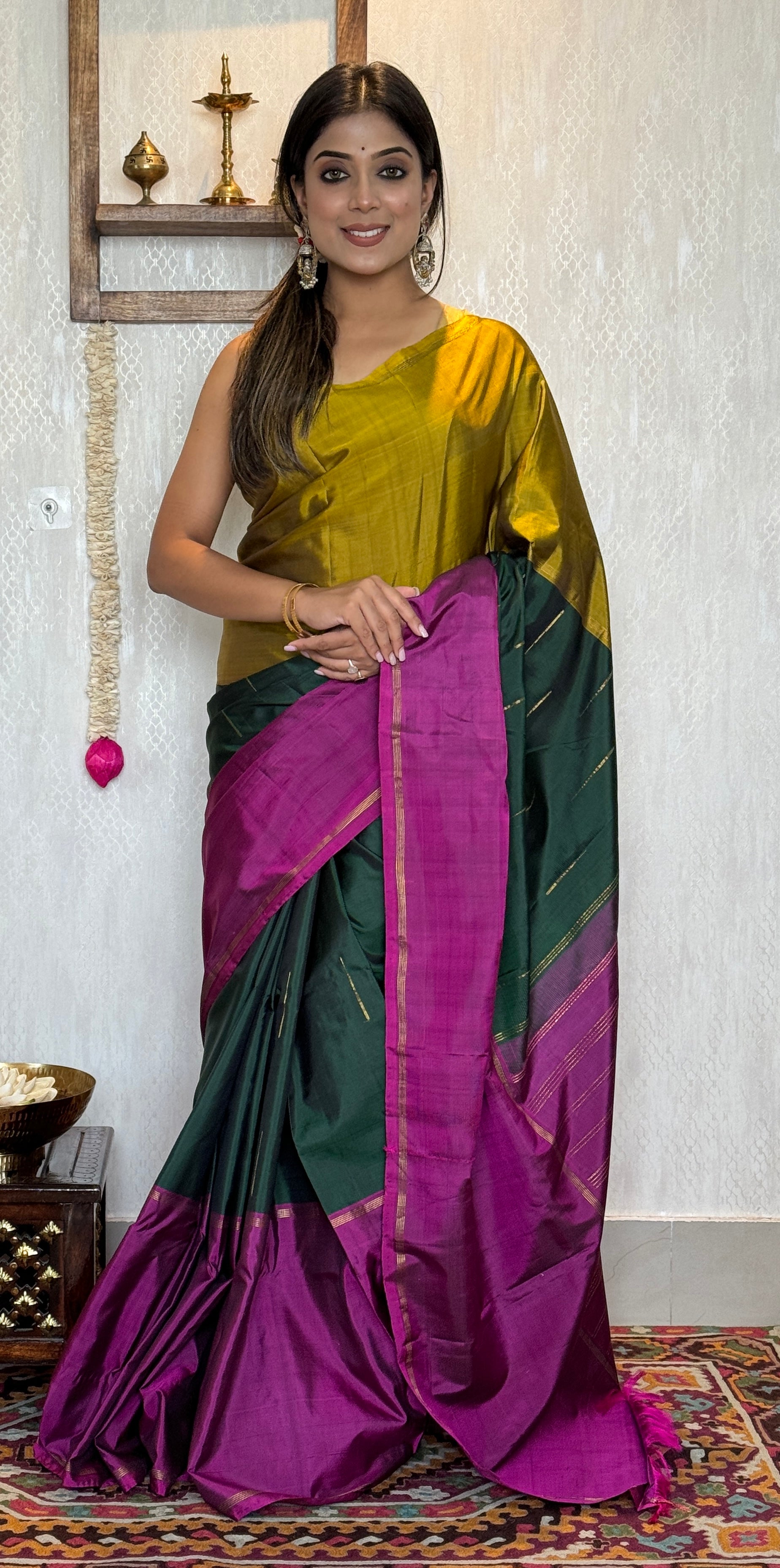 Pure Silk Mubbagam Kanjivaram - Golden Yellow Magenta Green Woven