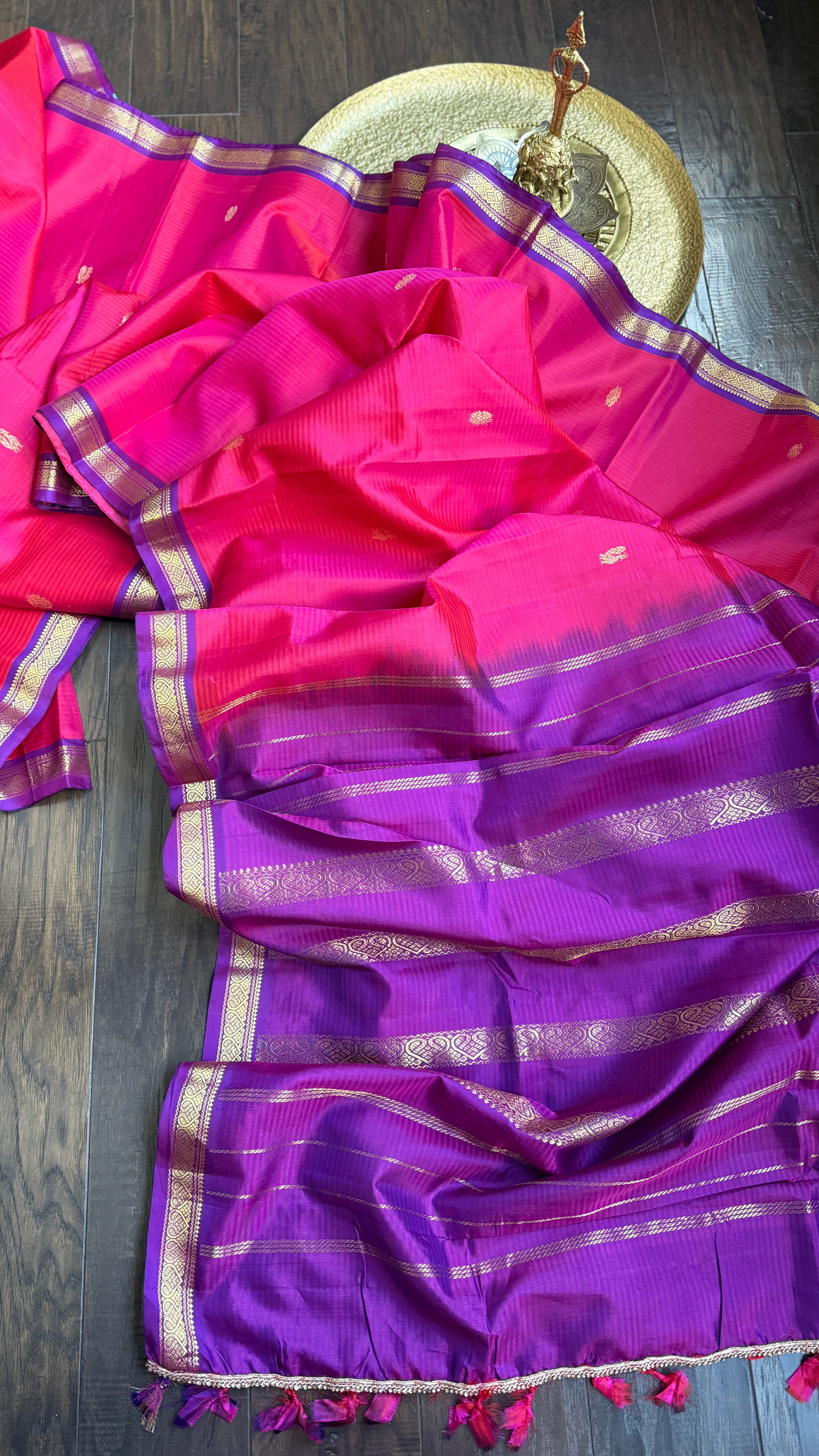 Pure Silk 1gm Zari Kanjivaram - Pink Purple self Stripe