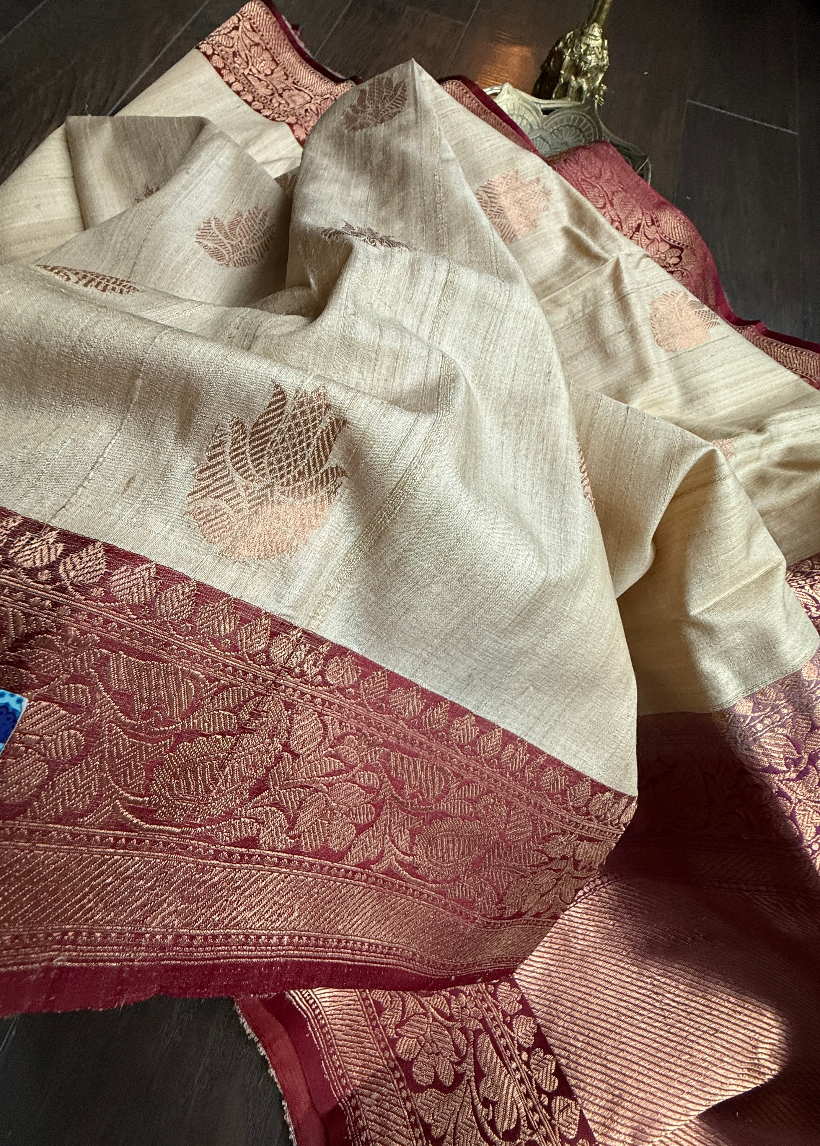 Pure Tussar Silk Banarasi - Beige Maroon