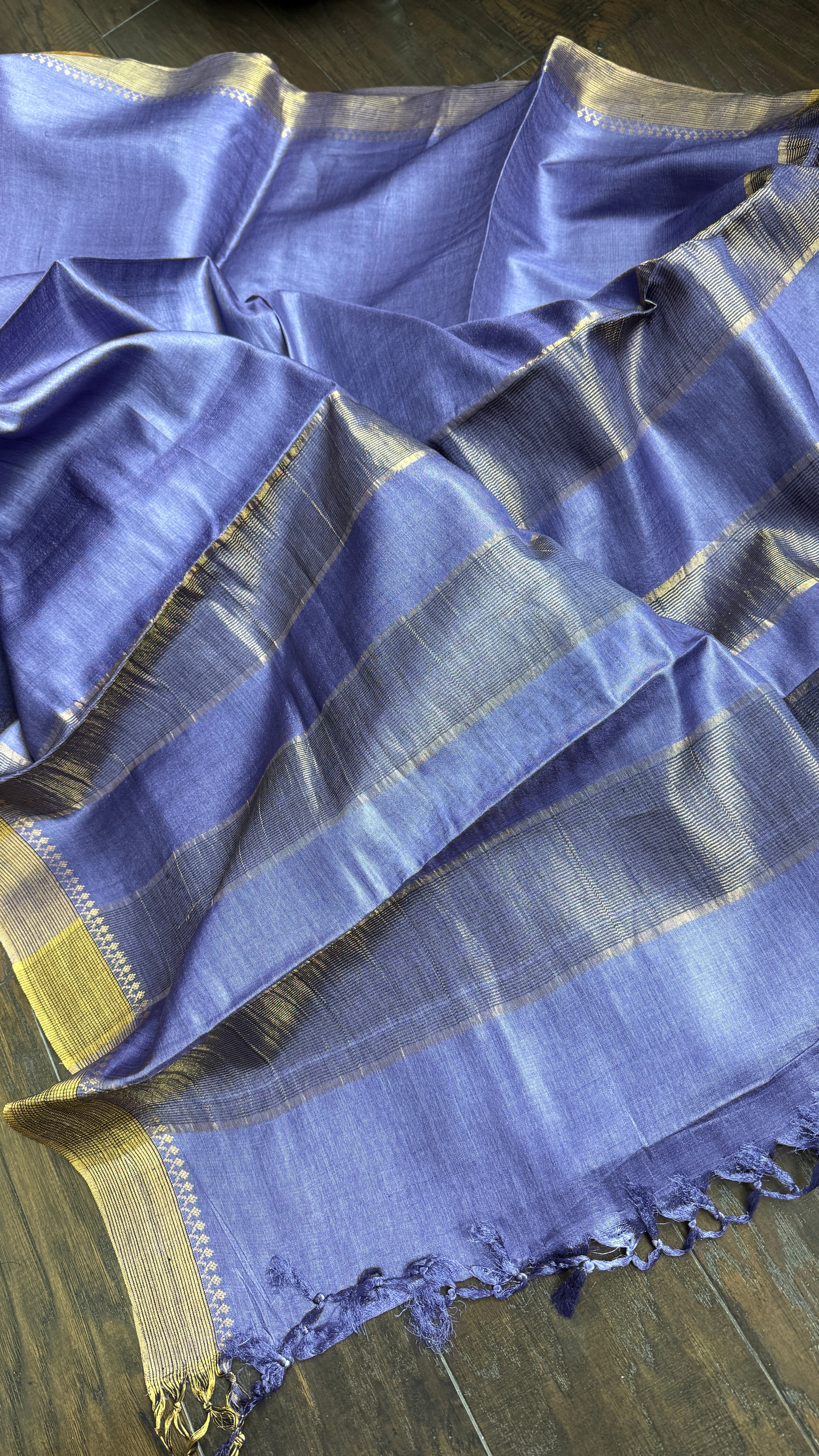 Handwoven Tussar Silk - Blue Violet Golden Zari