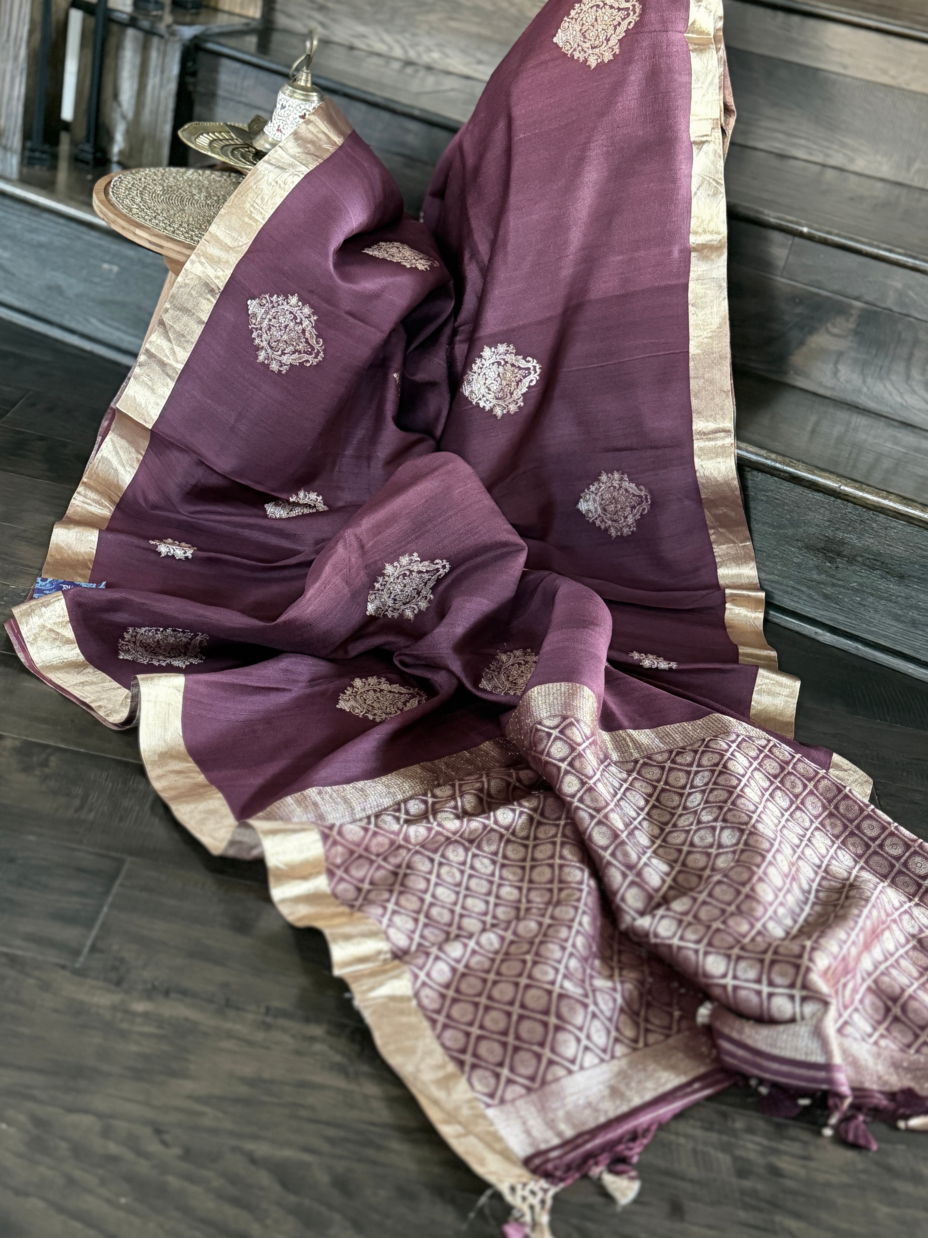 Tussar Tissue Silk Banarasi - Plum Brown Khadhua Antique Zari
