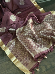 Tussar Silk Banarasi - Plum Brown Khadhua Antique Zari
