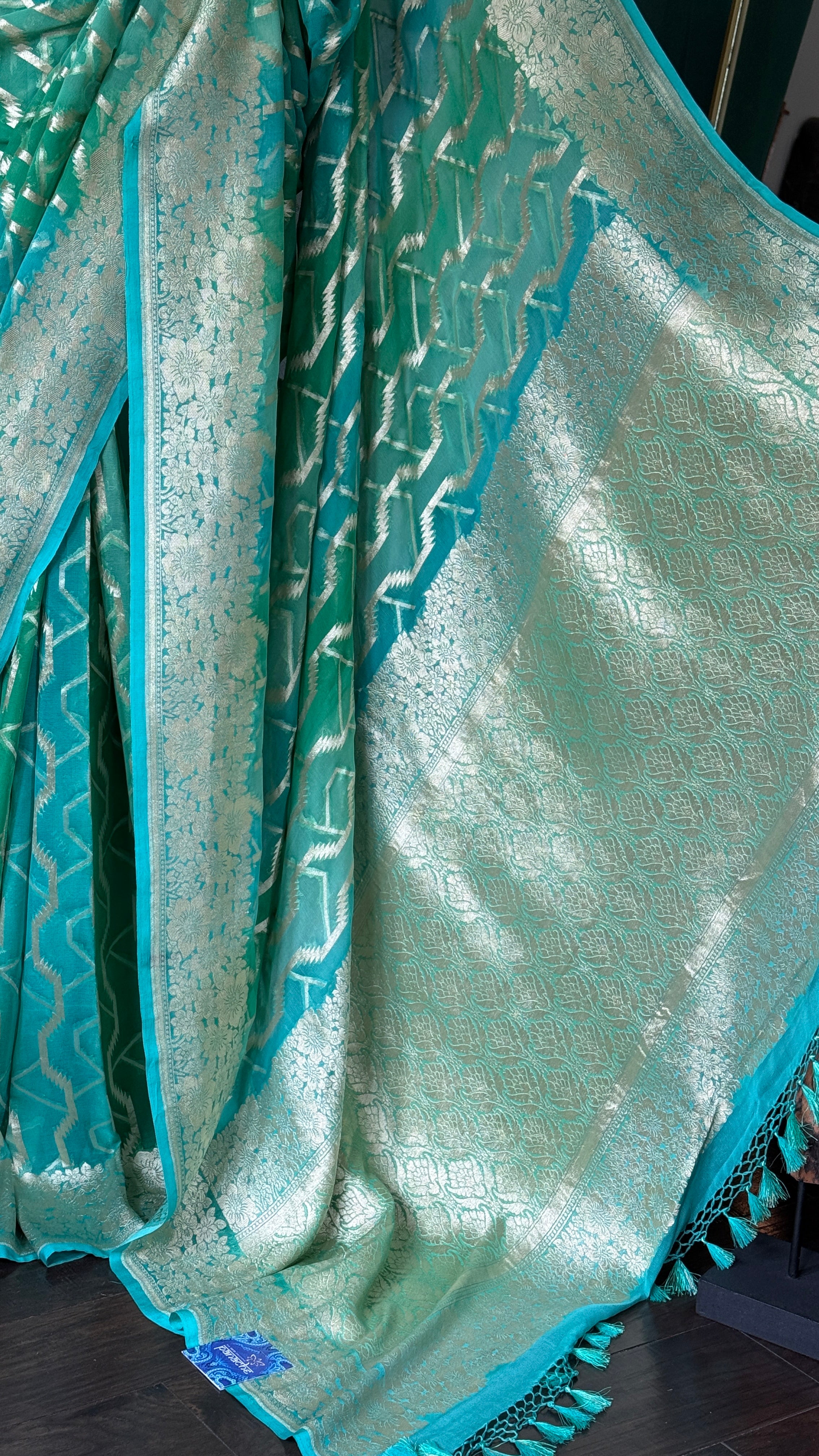 Khaddi Georgette Shaded Banarasi - Sea Green Mint