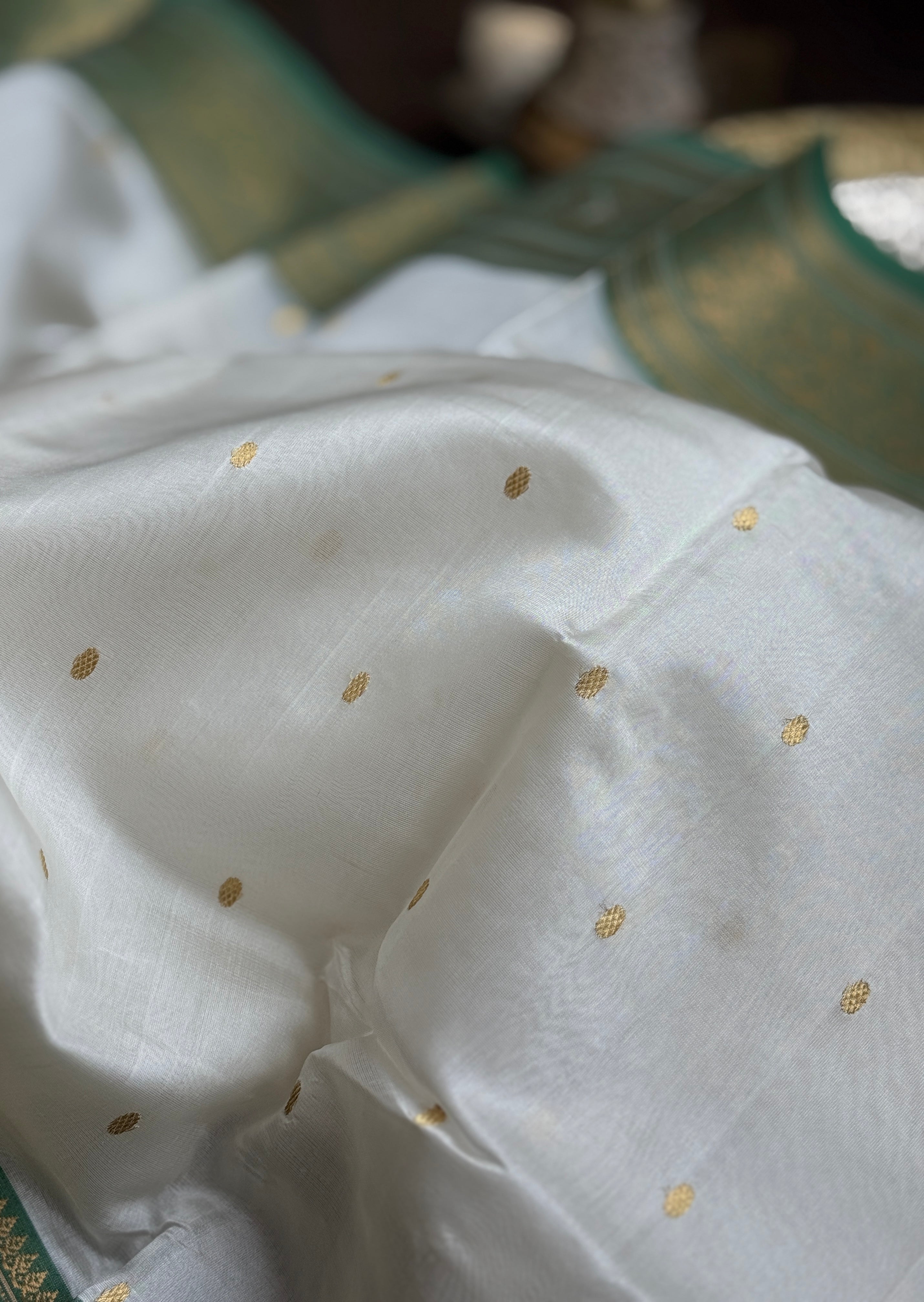 Pure Chanderi Pattu Silk - Cream Green Gold Zari Woven