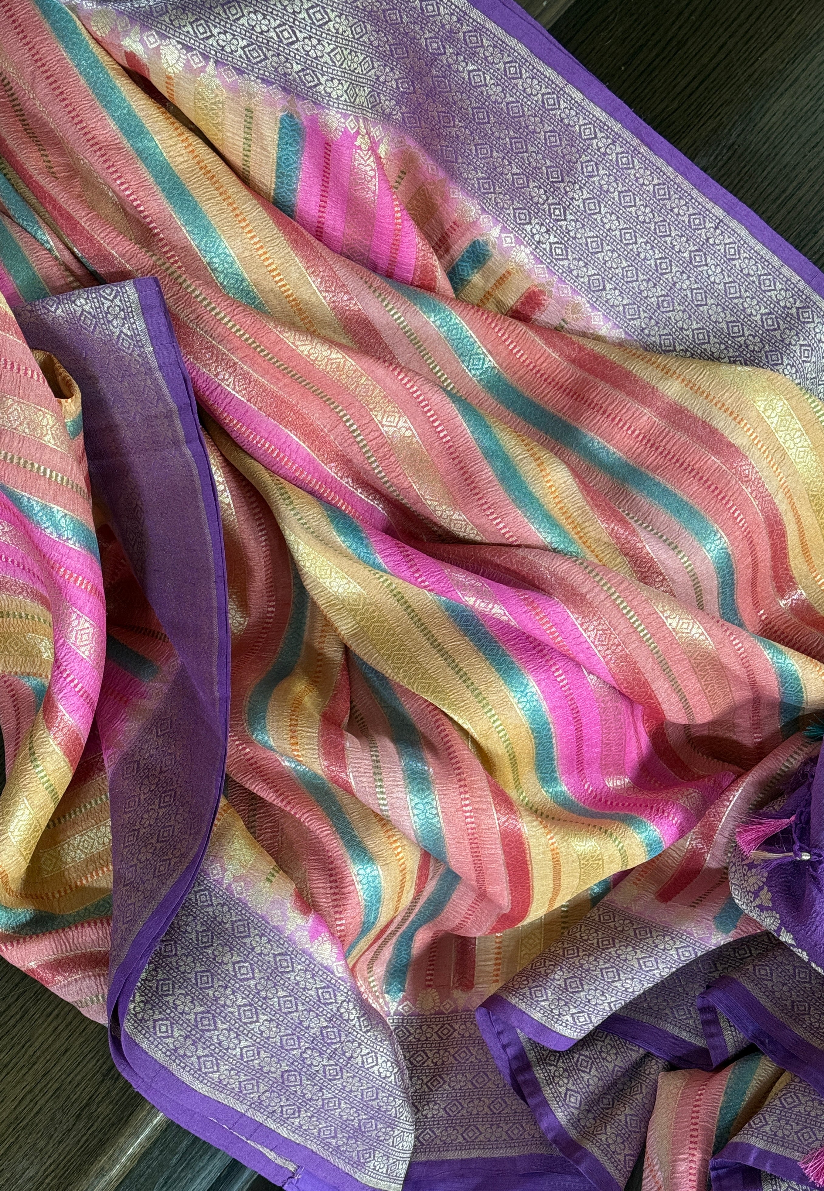 Khaddi Tussar Banarasi -  Pink Multi color Purple