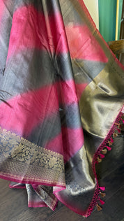 Tussar Silk Banarasi Shaded - Grey Raspberry Pink Antique Golden Zari