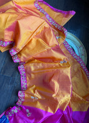 Hand Zardozi Pure Chanderi Pattu Silk - Orange Pink Woven