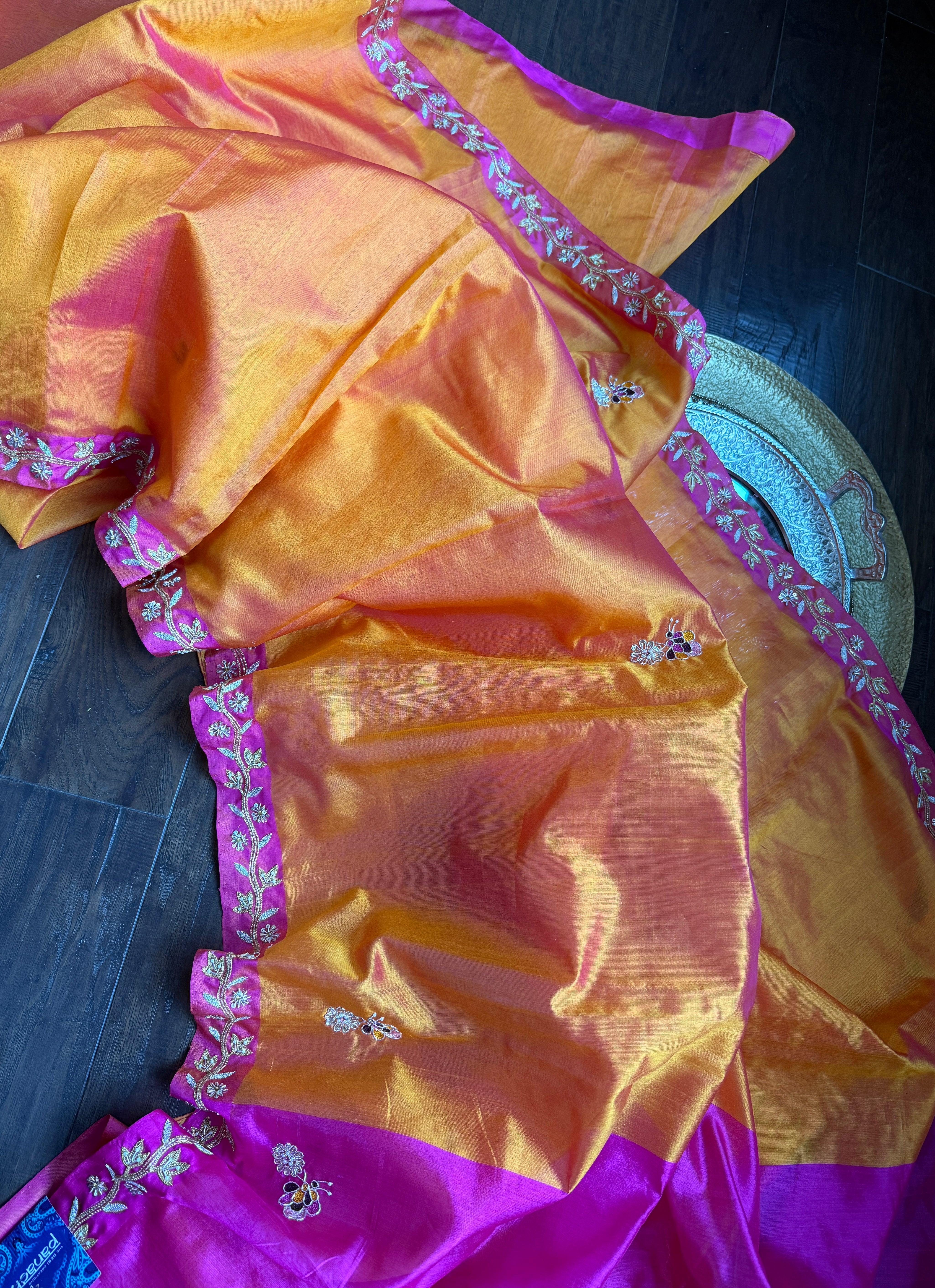 Hand Zardozi Pure Chanderi Pattu Silk - Orange Pink Woven