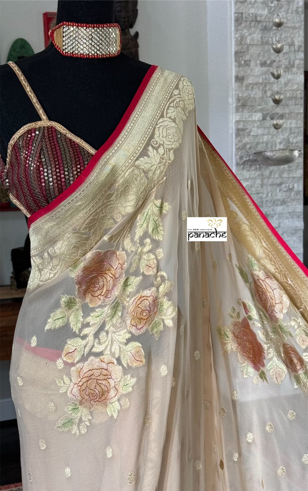 Khaddi Georgette Banarasi - Tan Beige Red