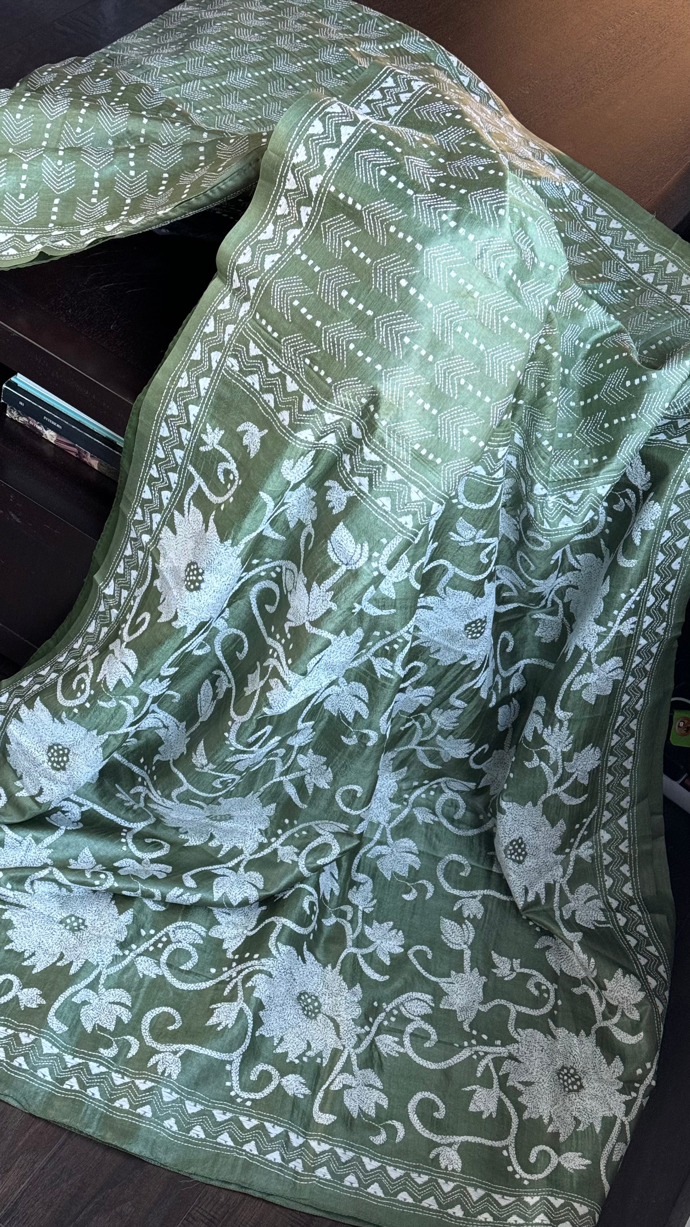 Pure Tussar Silk Kantha Stitch - Green