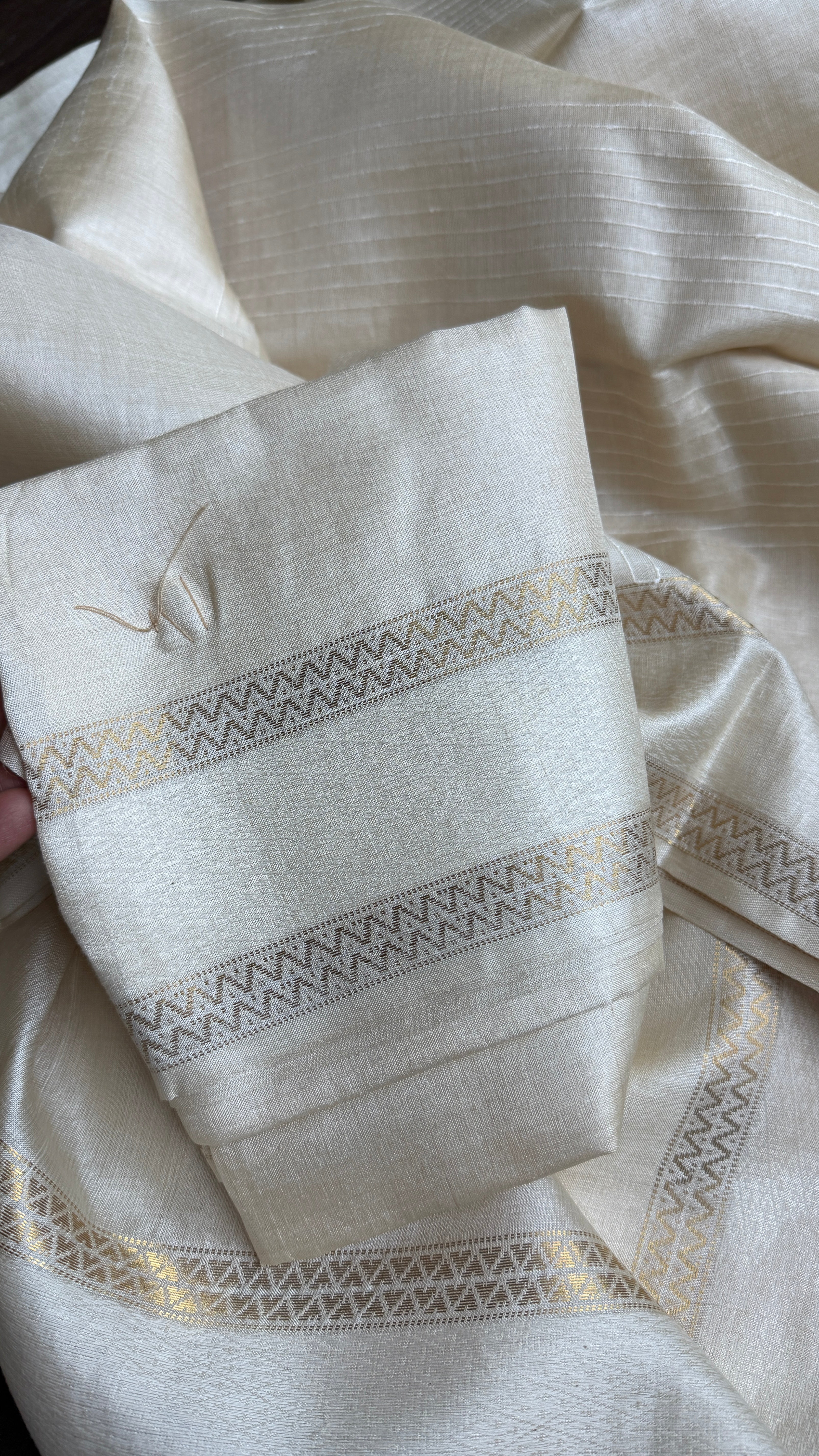 Pure Tussar Silk - Cream Beige Golden Zari Woven3