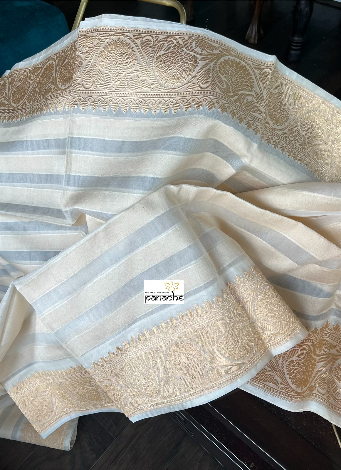 Organza Silk Banarasi - Cream Beige Golden