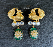 Earring 925 Silver- Green Onyx Gold Tone Peacock