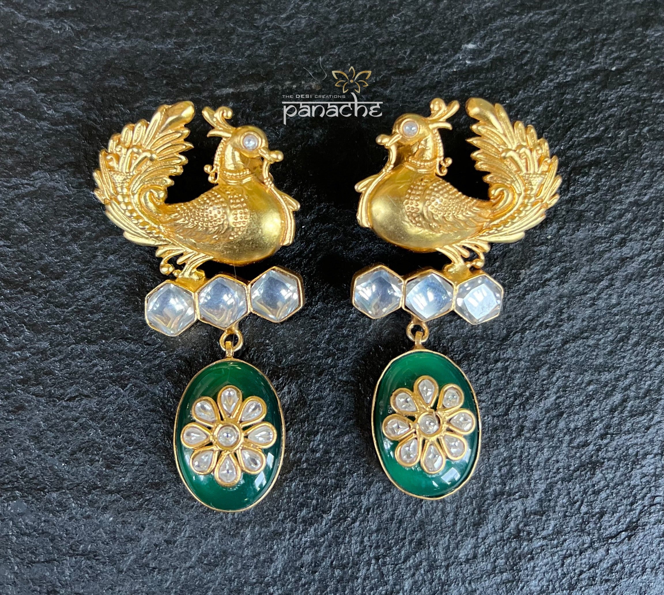 Earring 925 Silver- Green Onyx Gold Tone Peacock