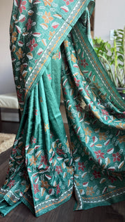 Pure Tussar Silk Kantha Stitch -  Dark Green Multi Color