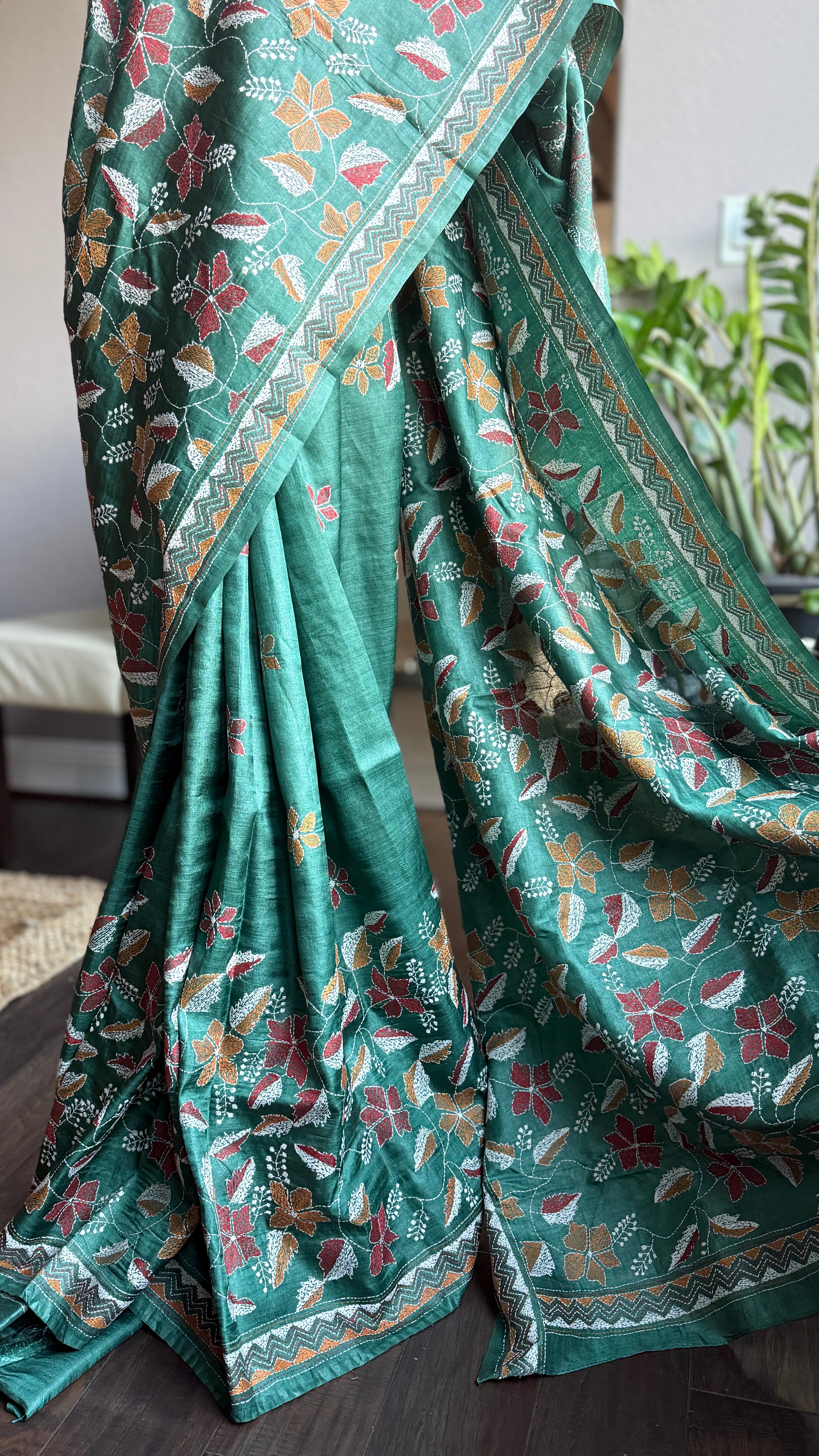 Pure Tussar Silk Kantha Stitch -  Dark Green Multi Color