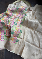 Pure Silk Rangkat Banarasi - Light Cream Beige Brown Multi shaded