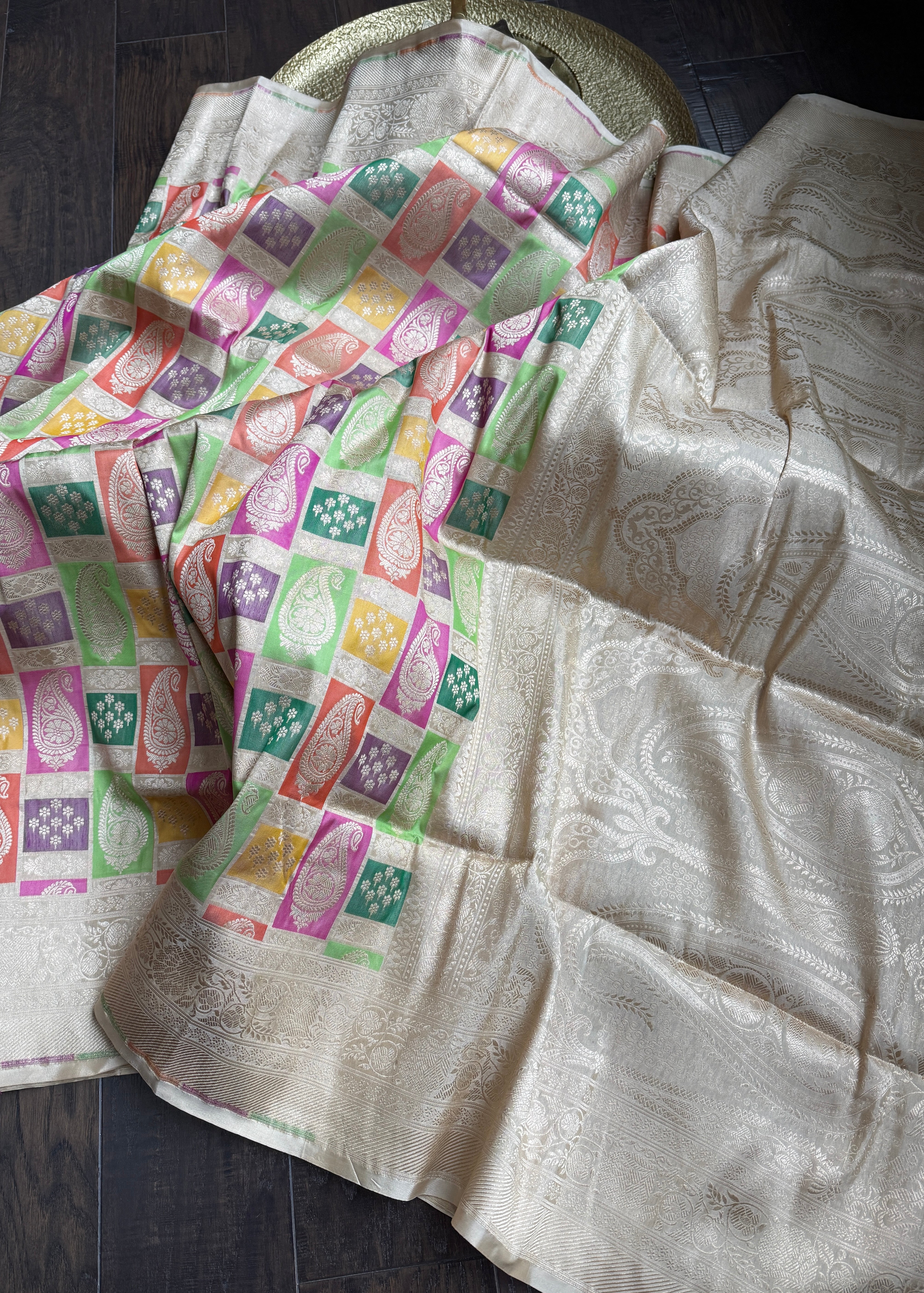 Pure Silk Rangkat Banarasi - Light Cream Beige Brown Multi shaded