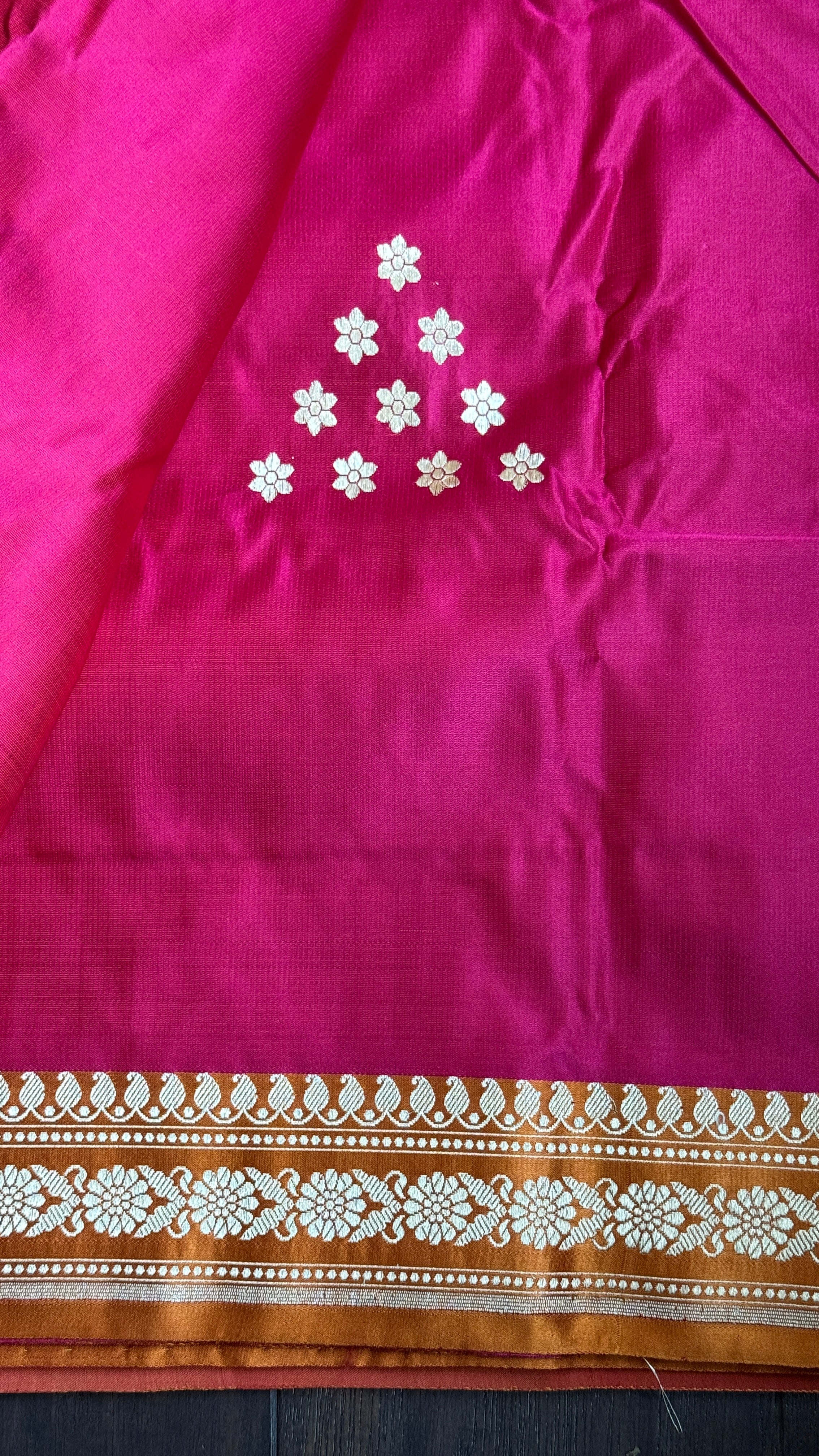 Pure Silk Mashru Banarasi- Rani Pink Ochre Orange