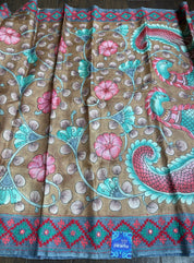 Tussar Silk Pen Kalamkari - Brown Hand Kutch Embroidered
