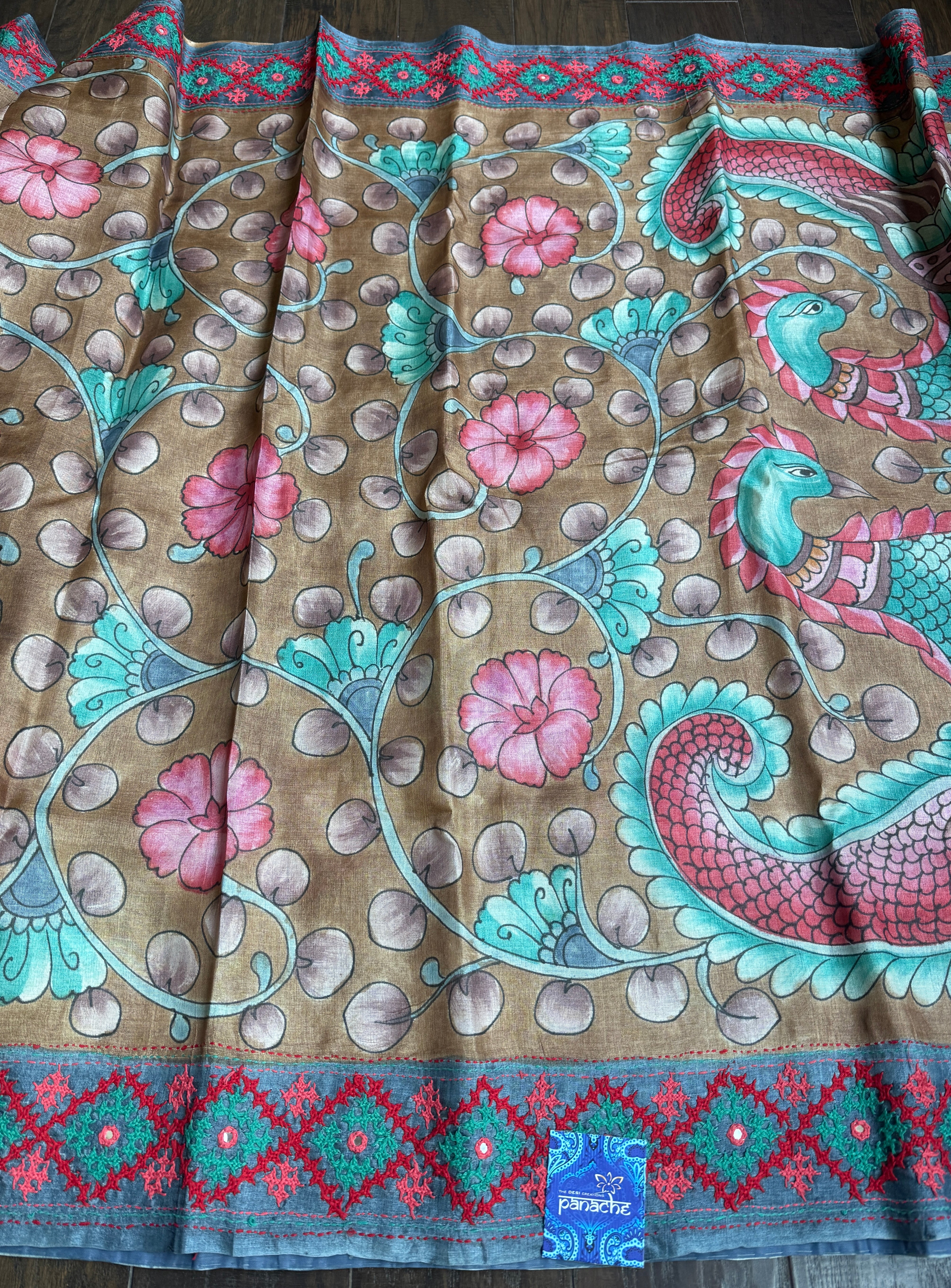 Tussar Silk Pen Kalamkari - Brown Hand Kutch Embroidered