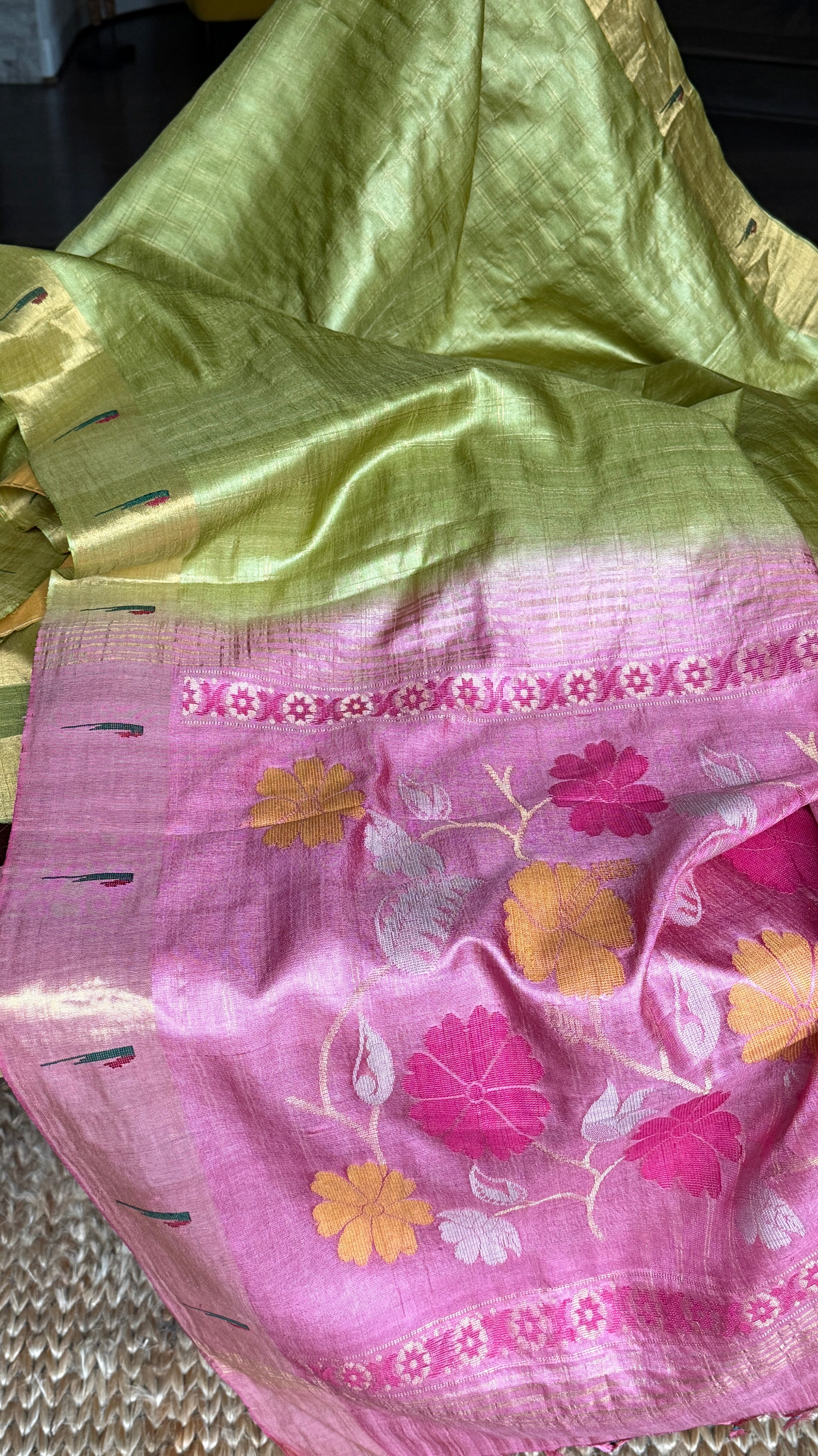 Tussar Silk Paithani Single Munia - Henna Green Handwoven