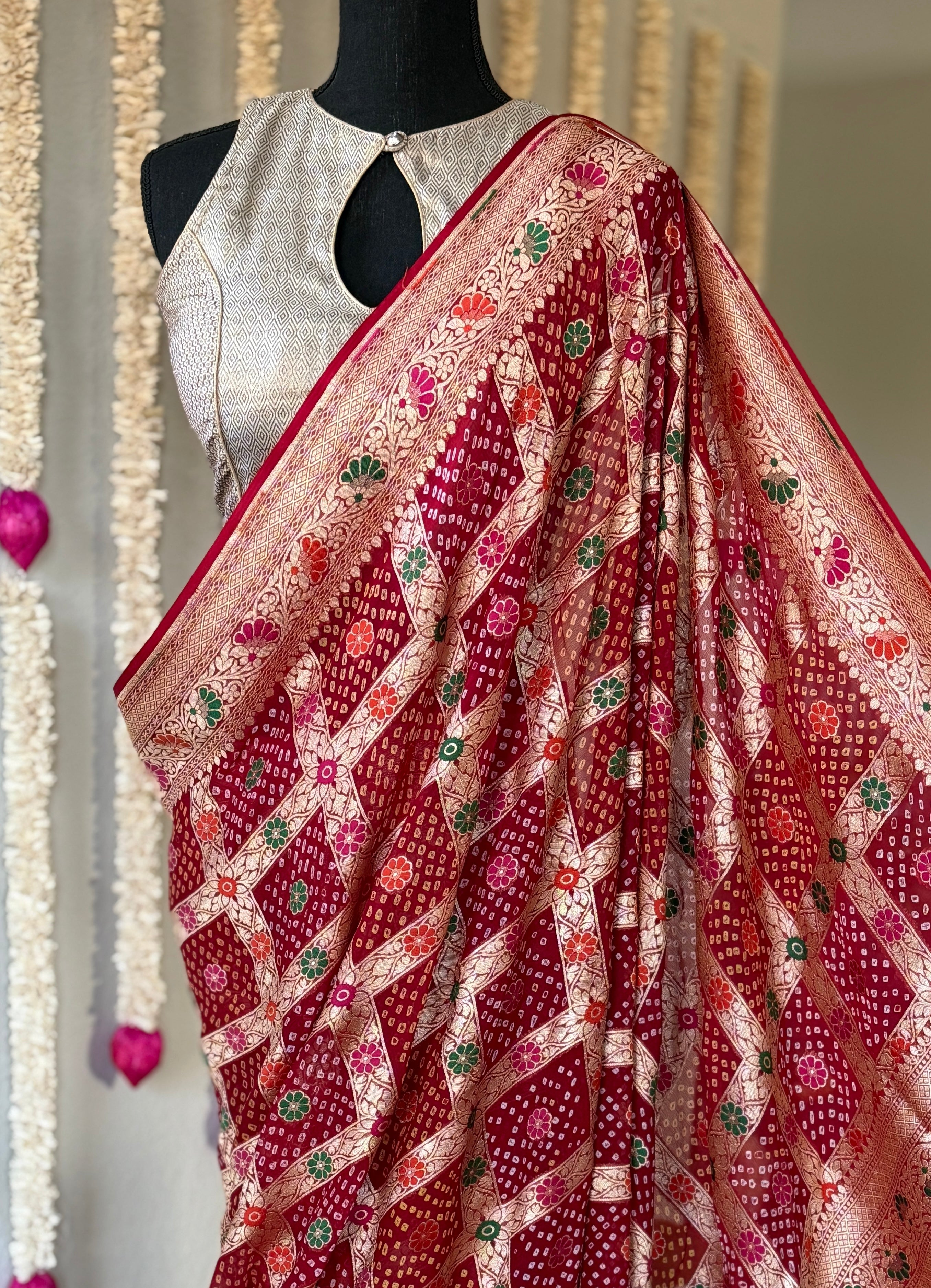 Bandhej Khaddi Georgette Banarasi - Red Gharchola