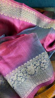 Tussar Silk Banarasi Shaded - Grey Raspberry Pink Antique Golden Zari
