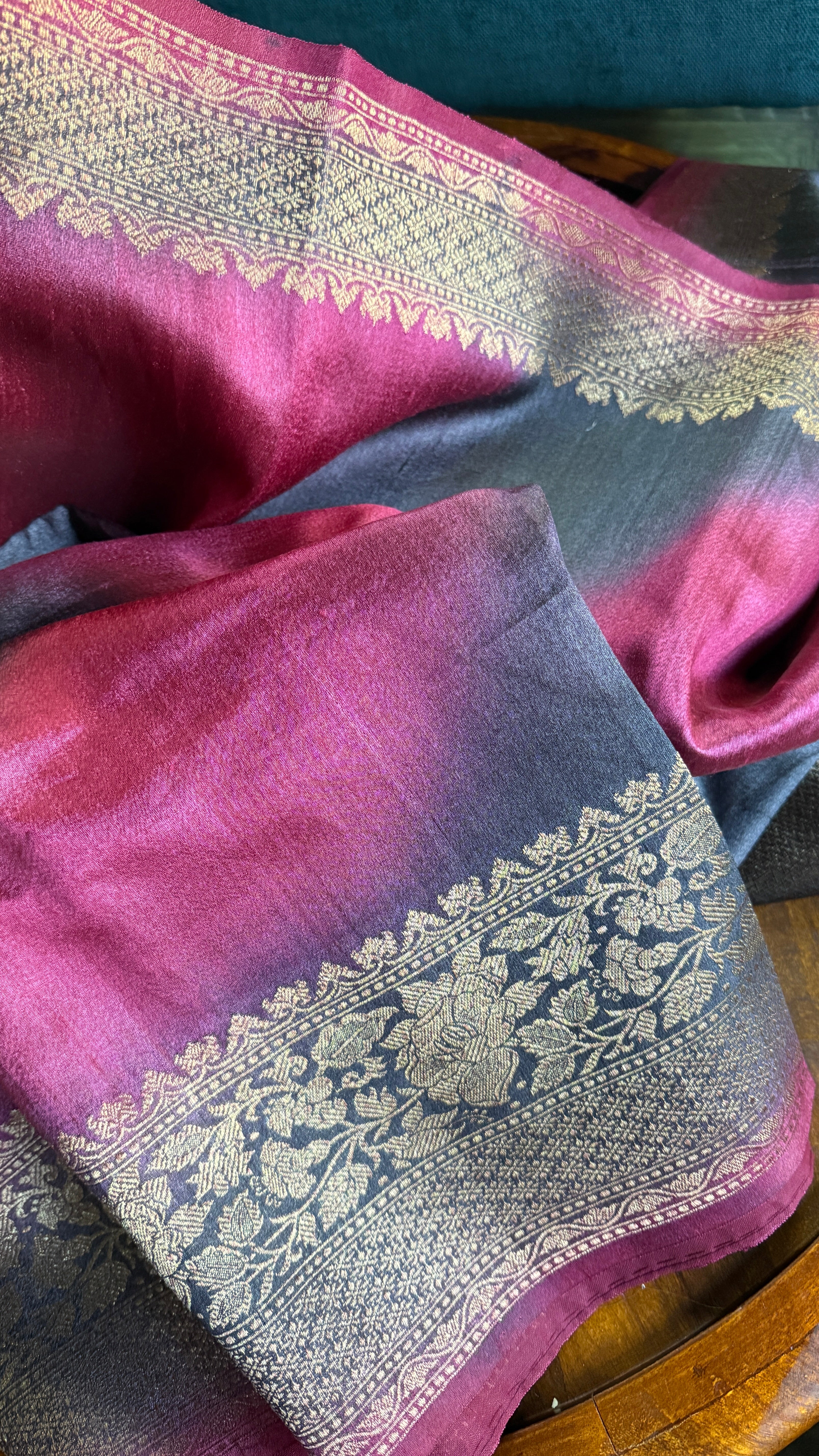 Tussar Silk Banarasi Shaded - Grey Raspberry Pink Antique Golden Zari