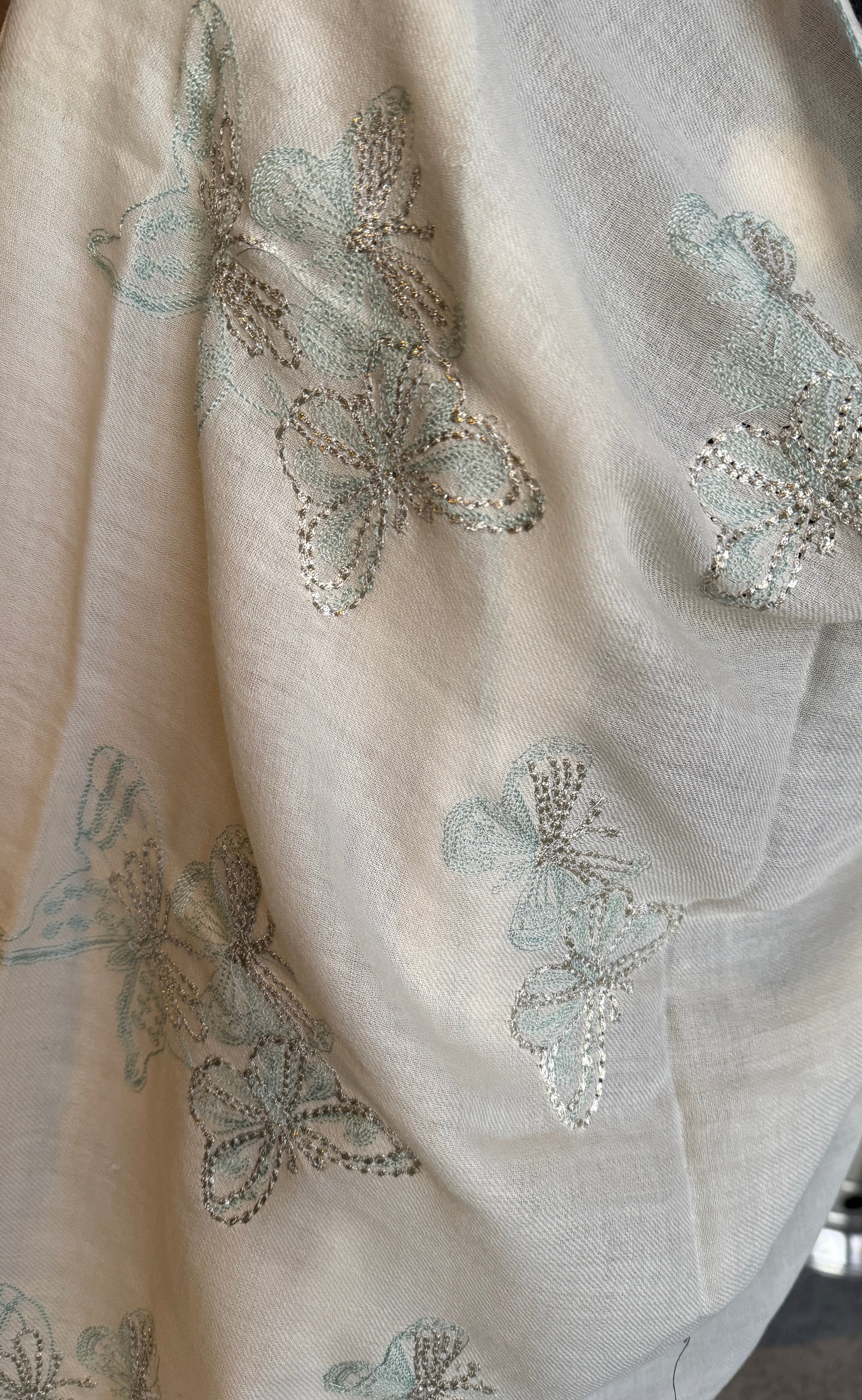 Kashmiri Embroidered Stole - White