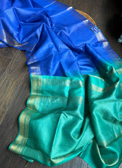 Handwoven Tussar Silk - Royal Blue Green Golden Zari