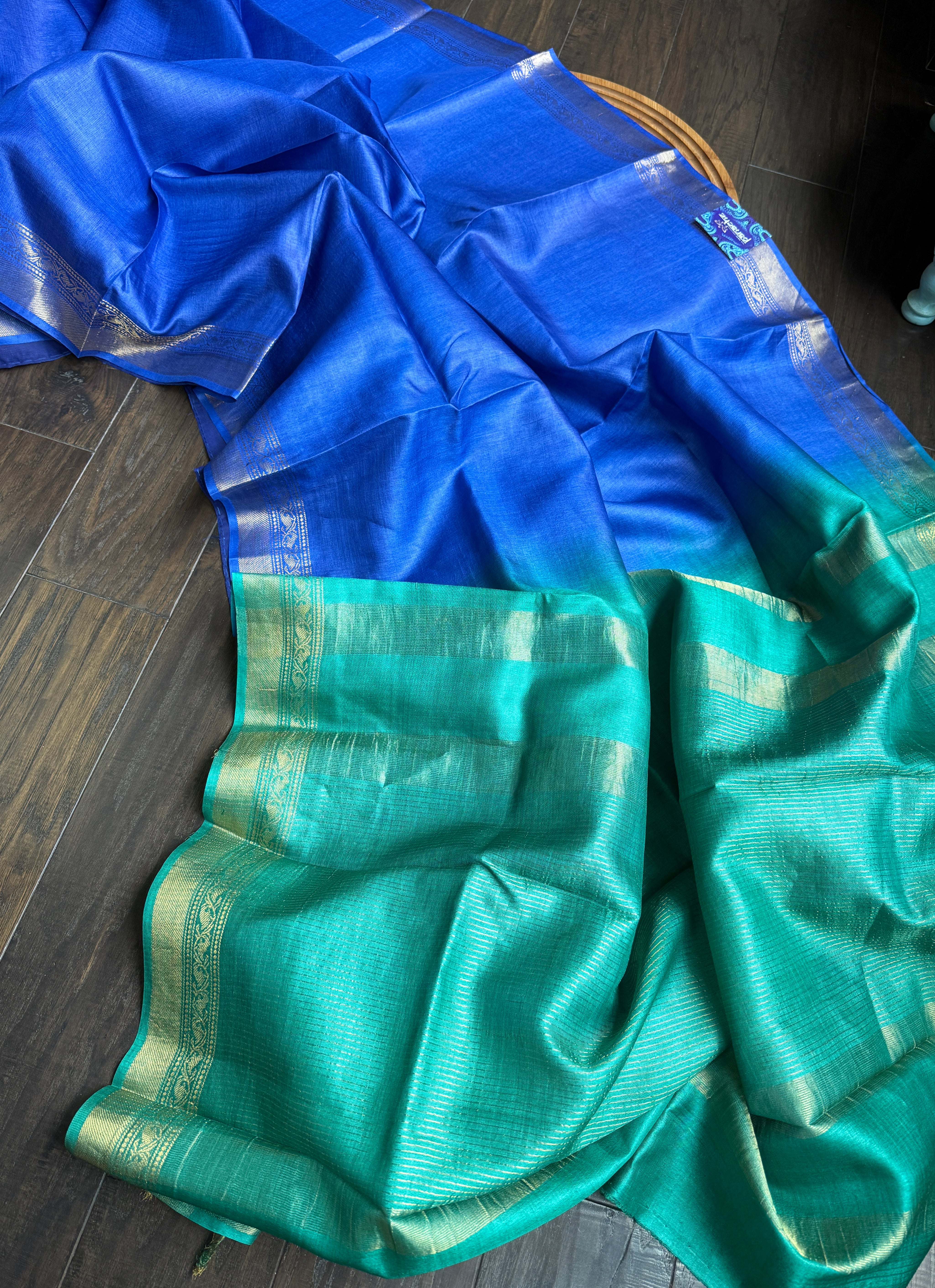 Handwoven Tussar Silk - Royal Blue Green Golden Zari