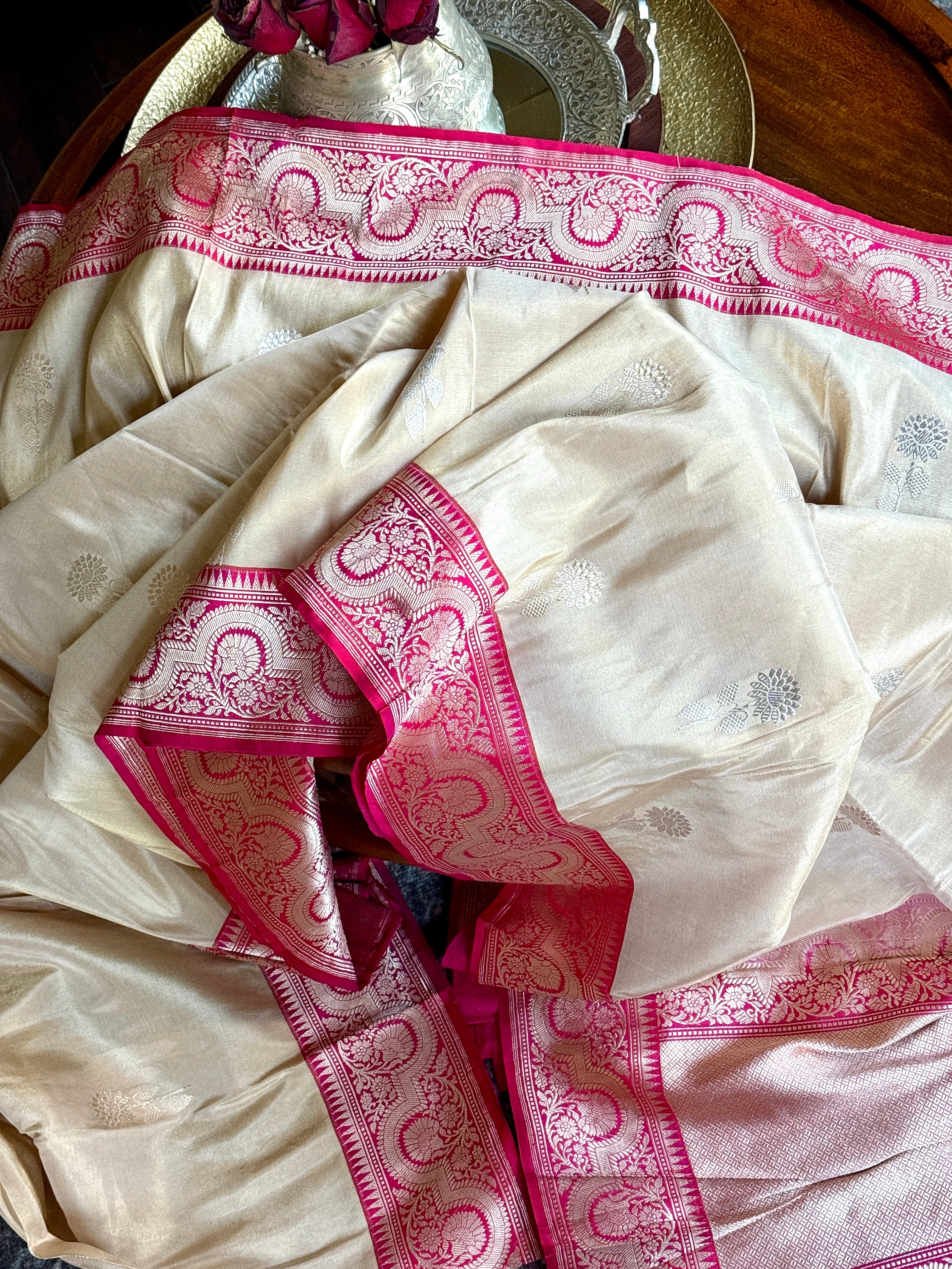 Pure Tissue Katan Silk Banarasi - Golden Beige Magenta