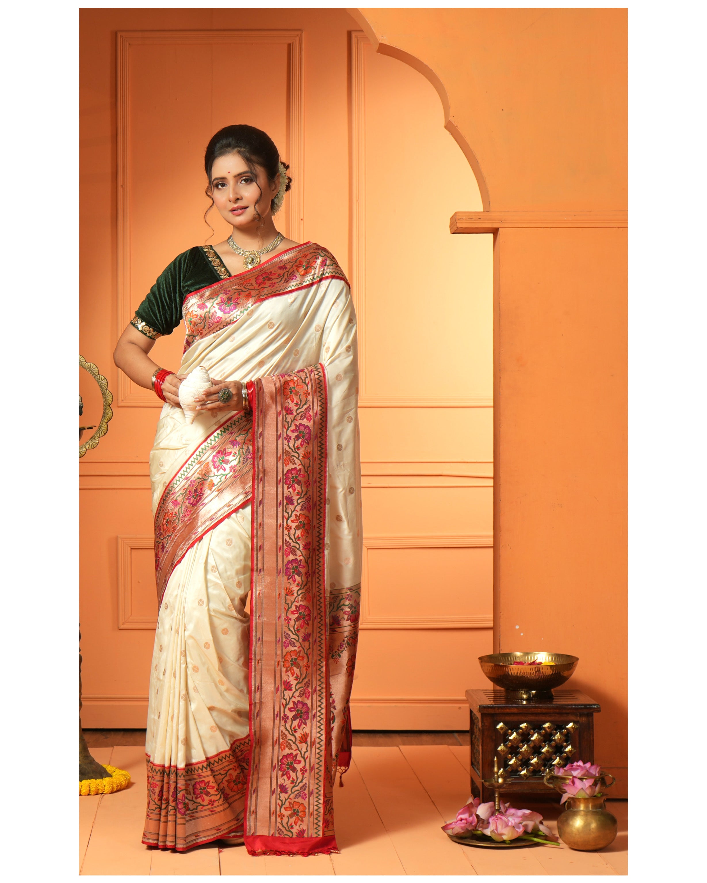 Pure Silk Paithani Banarasi- Cream Red