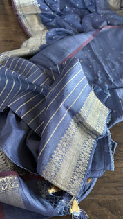 Tussar Silk Banarasi - Grey Blue Antique Zari
