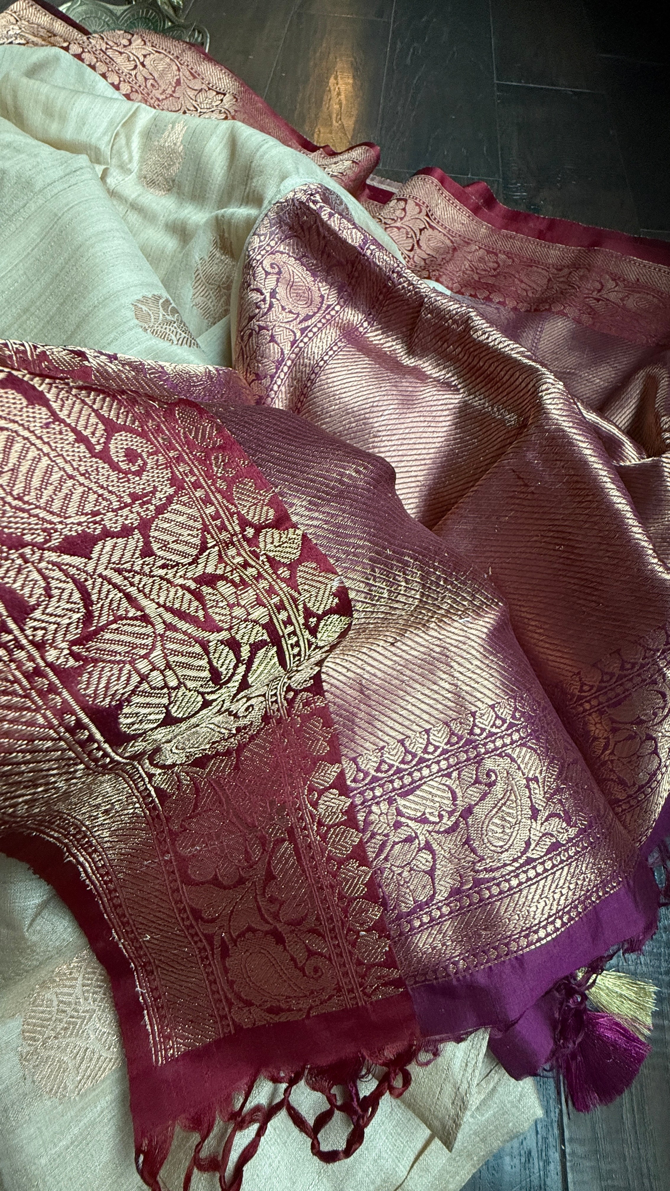 Pure Tussar Silk Banarasi - Beige Maroon