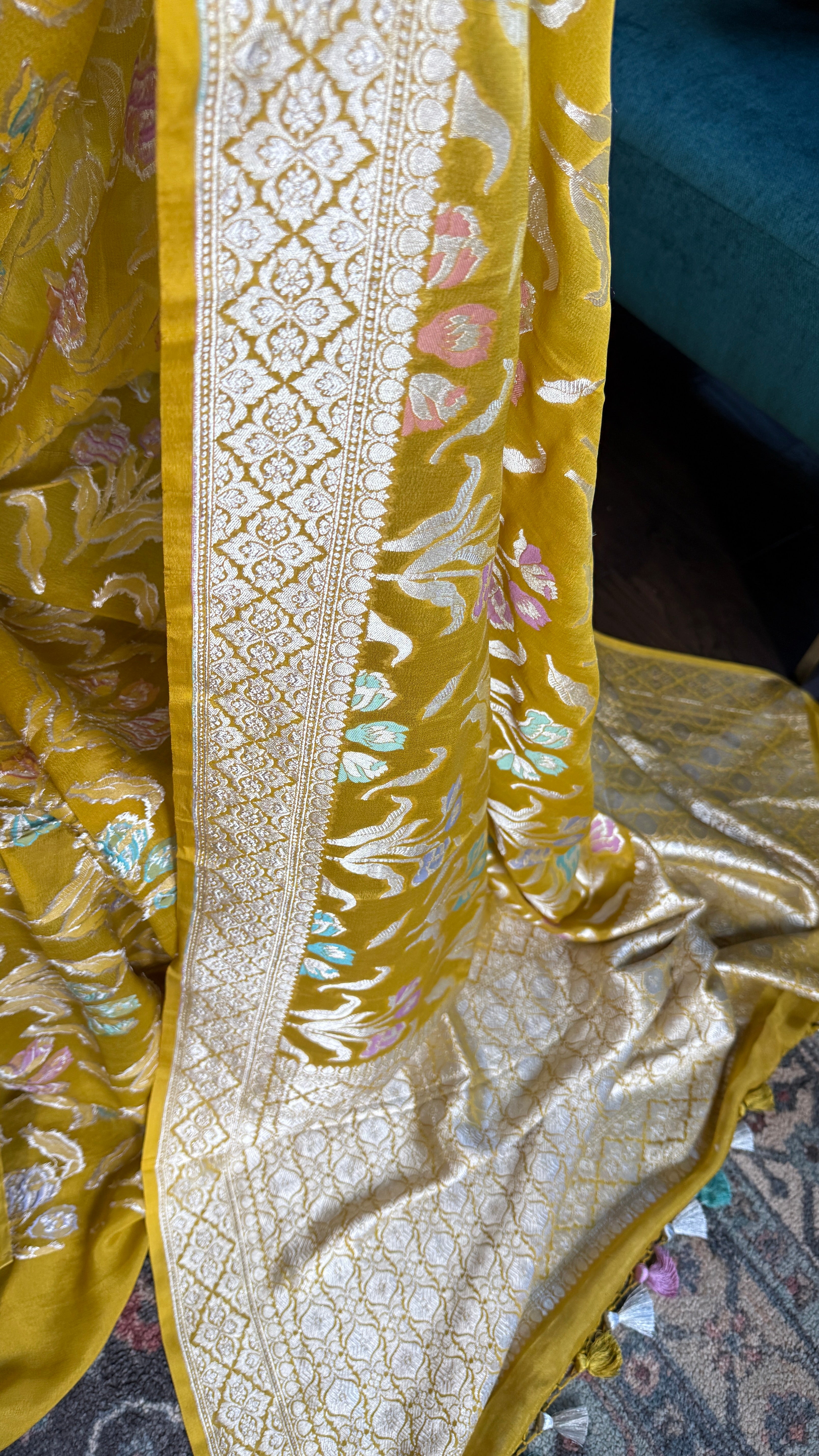 Khaddi Georgette Banarasi - Lime Yellow Meenakari