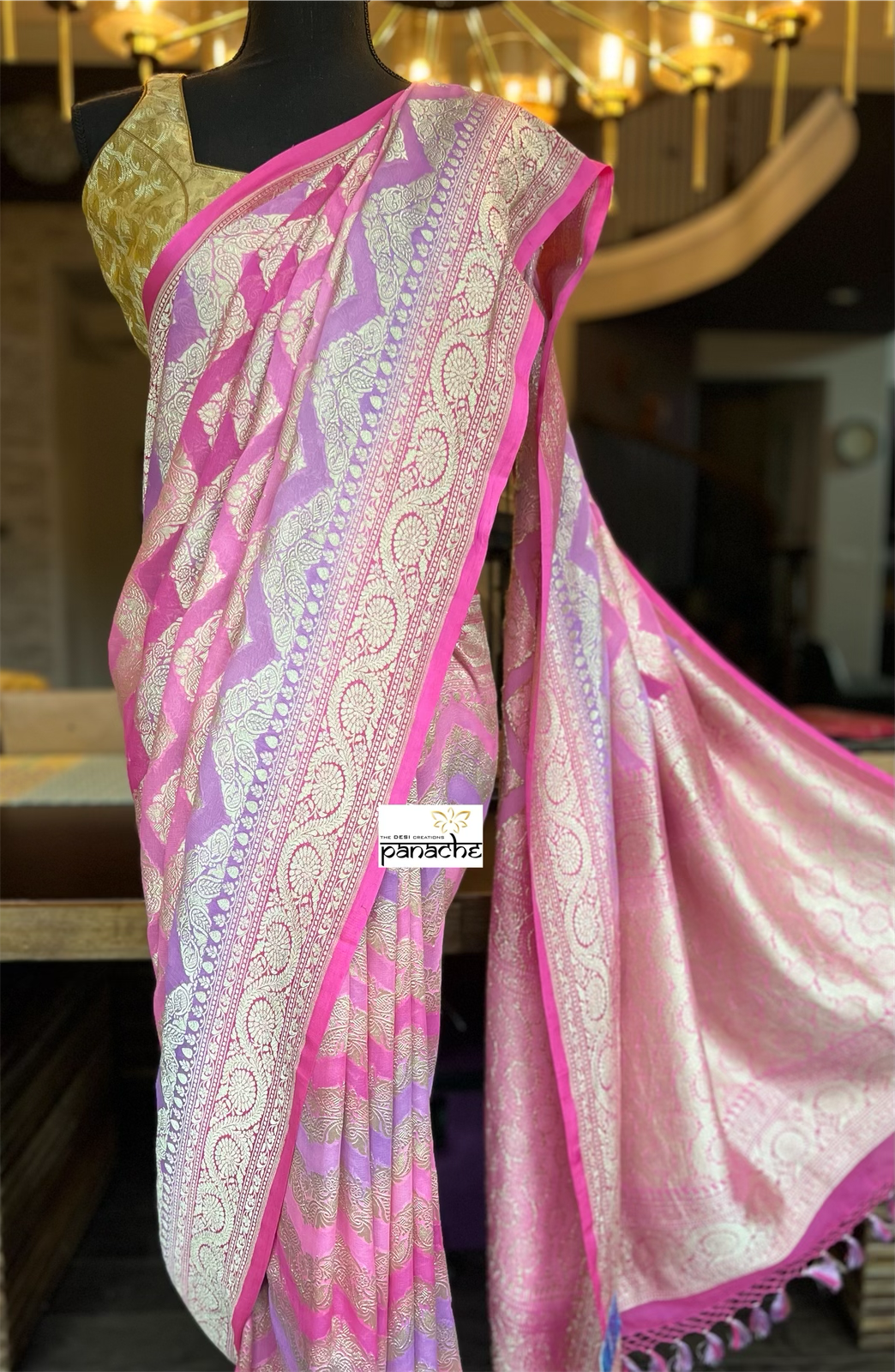 Khaddi Georgette Banarasi - Pink Mauve Chevron