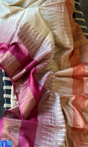 Pure Tussar Silk Hand Block Printed - Beige Rust Wine