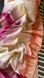 Pure Tussar Silk Hand Block Printed - Beige Rust Wine