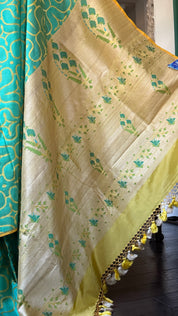 Pure Silk Contemporary Paithani Banarasi- Sea Green Yellow