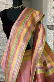 Khaddi Georgette Banarasi - Pink Multi color Hand Brushed